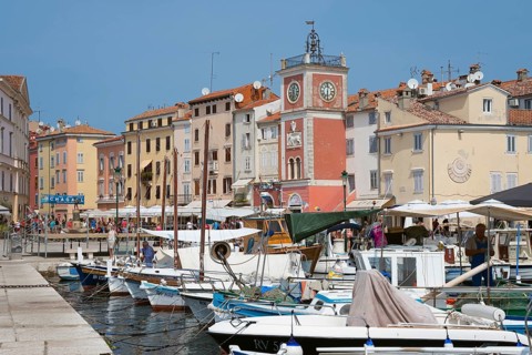 Old town with clock tower and harbour