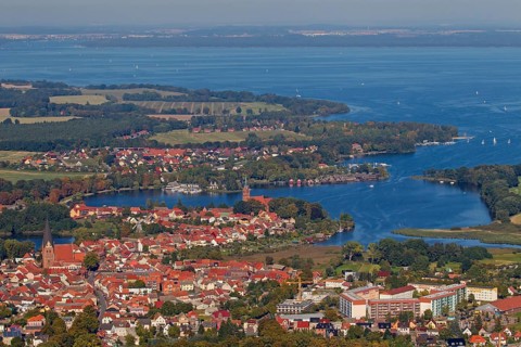 Aerial view of the town of Roebel on the western shore of the Mueritz