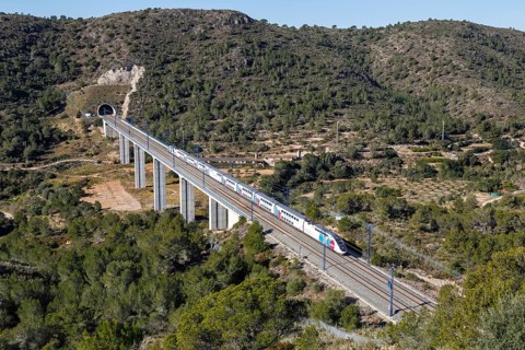 TGV Euroduplex high-speed train of Ouigo Espana SNCF on the route Madrid