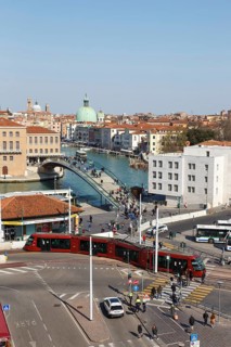 Tram on rubber wheels Tram Venezia at Piazzale Roma in Venice