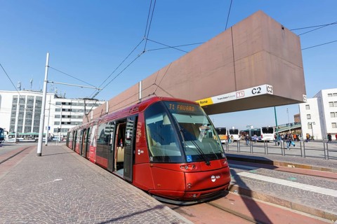 Tram on rubber wheels Tram Venezia of the Translohr type at Piazzale Roma in Venice