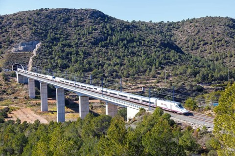 Talgo 350 high-speed train of RENFE on the line Madrid