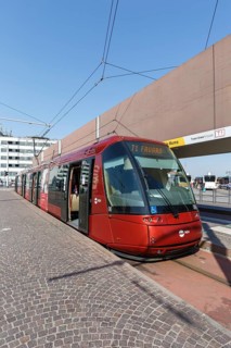 Tram on rubber wheels Tram Venezia of the Translohr type at Piazzale Roma in Venice