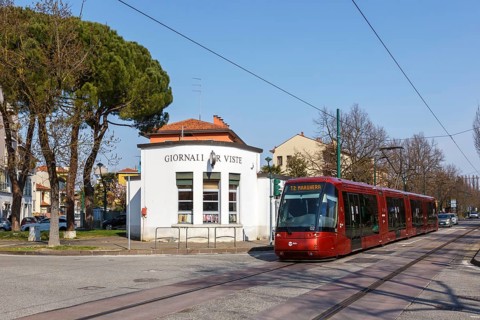 Tram on rubber wheels Tram Venezia of the Translohr type in Mestre in Venice