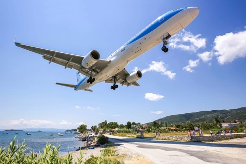 A Thomson Boeing 757-200 aircraft with registration G-CPEV lands at Skiathos Airport