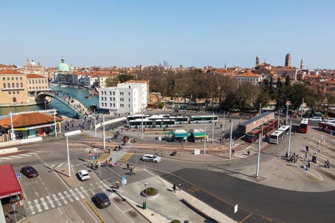 Bus station with tram on rubber wheels Tram Venezia at Piazzale Roma in Venice
