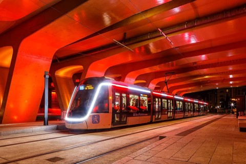 Modern tramway Alstom Citadis X05 line T9 at Trois Communes stop Public transport Transport in Paris