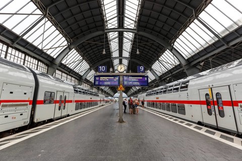 InterCity IC trains of the type Twindexx Vario by Bombardier of DB Deutsche Bahn at Karlsruhe main station