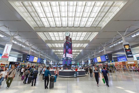 Shanghai Hongqiao railway station in China. Shanghai Hongqiao is the largest railway station in Asia