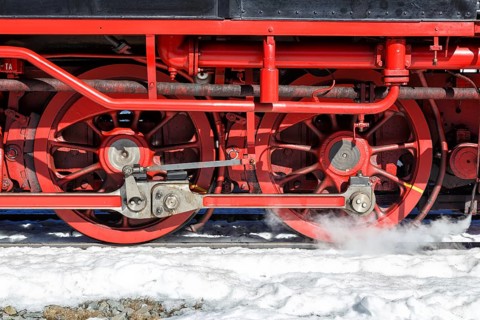 Wheels and rods on the steam train of the Brockenbahn railway Steam railway on the Brocken