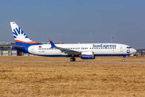 A Sun Express Boeing 737 MAX 8 with registration TC-SMA at Stuttgart Airport