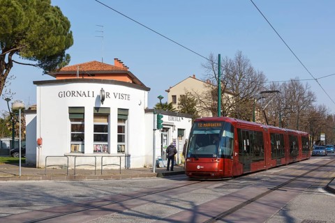 Tram on rubber wheels Tram Venezia of the Translohr type in Mestre in Venice