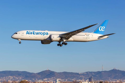 A Boeing 787-9 Dreamliner aircraft of Air Europa with registration EC-NGS lands at Barcelona Airport