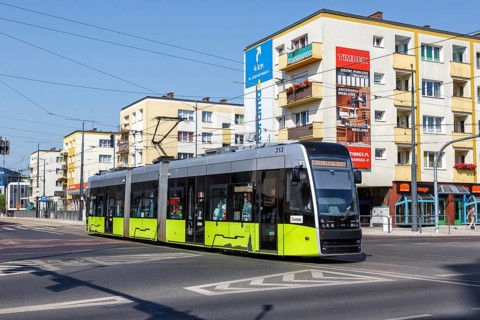 Landsberg an der Warthe tram Pesa Twist tram at the Katedra stop Public transport in Gorzow Wielkopolski