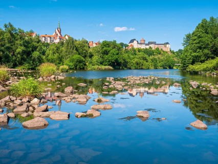 Mildenstein Castle and the town of Leisnig above the river Freiberger Mulde