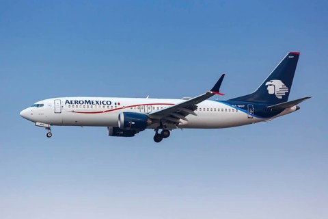 A Boeing 737 MAX 8 aircraft operated by AeroMexico with registration XA-MAT at Mexico City Airport