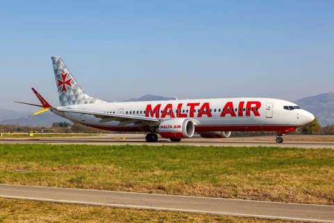 A Malta Air Boeing 737-8-200 MAX aircraft with registration number 9H-VUC at Bergamo Orio Al Serio Airport