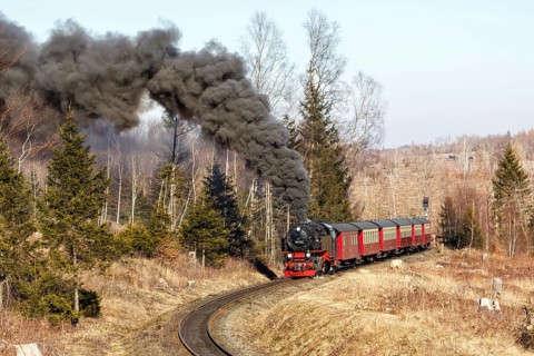 Steam train of the Brockenbahn railway leaving Drei Annen Hohne