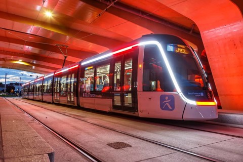 Modern tramway Alstom Citadis X05 line T9 at Trois Communes stop Public transport Transport in Paris