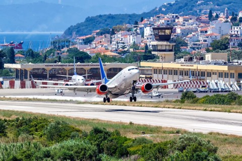 A Boeing 737 aircraft of SAS Scandinavian Airlines takes off from Skiathos Airport