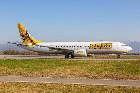 A Buzz Boeing 737-8-200 MAX aircraft with registration SP-RZC at Bergamo Orio Al Serio Airport