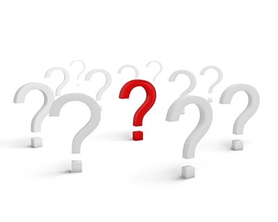 Problem solution business strategy risk motivation success concept: red question symbol surrounded with white signs isolated on white background with selective focus effect
