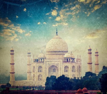 Vintage retro hipster style travel image of Taj Mahal on sunrise sunset