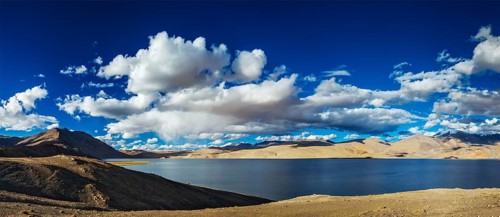Panorama of Himalayan lake Tso Moriri in Himalayas on sunset