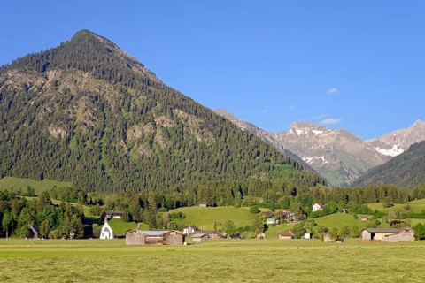 View from the Loretto meadows to the hay harvest and to the mountain Schattenberg 1721m