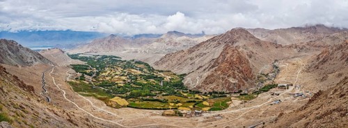 Panorama of green Indus valley from ascend to Kardung La pass