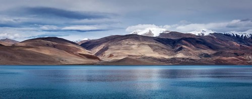 Panorama of Himalayan mountain lake in Himalayas Tso Moriri