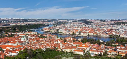 Aerial view of Charles Bridge over Vltava river and Old city from Petrin hill Observation Tower. Prague