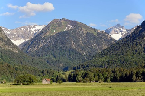 View from the Loretto meadows to the hay harvest and to the mountain Riefenkopf 1748m