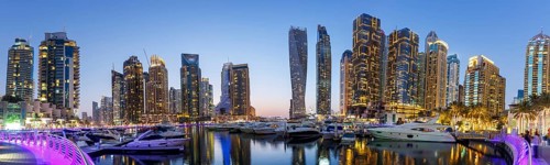 Dubai Marina Yacht Harbour Skyline Architecture Panorama Holiday by Night Panorama in Dubai