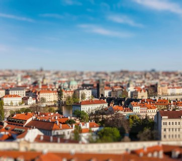 Aerial view of Prague from Prague Castle with tilt shift toy effect shallow depth of field. Prague