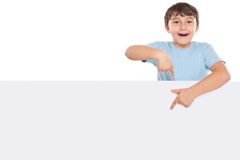 Child boy pointing to advertisement marketing blank sign with text space copyspace banner clipping isolated in Stuttgart