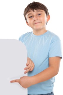 Child Boy Pointing to Advertising Marketing Blank Sign with Text Free Space Copyspace isolated in Stuttgart