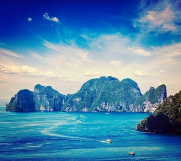 Vintage retro effect filtered hipster style travel image of aerial view of Phi Phi Leh island in Andaman Sea
