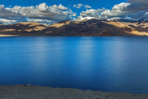 Himalayan mountain lake in Himalayas Tso Moriri on sunset