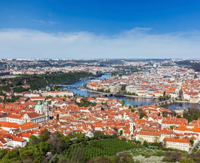 Aerial view of Charles Bridge over Vltava river and Old city from Petrin hill Observation Tower. Prague