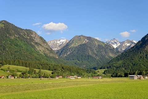 View from the Loretto meadows to the hay harvest and to the mountain Riefenkopf 1748 m