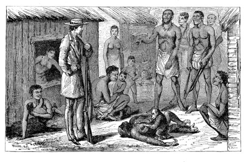 Natives standing in front of a hunter who shot a gorilla that had a cub