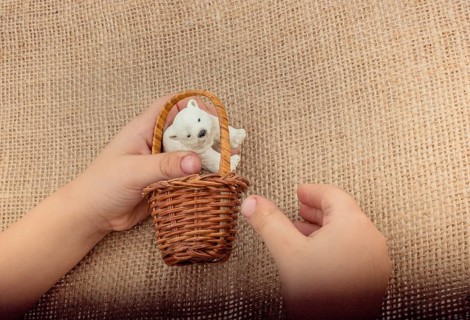 Hand holding a Polar bear model in hand on canvas