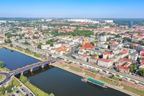 Aerial view of Landsberg an der Warthe town on the river in Gorzow Wielkopolski