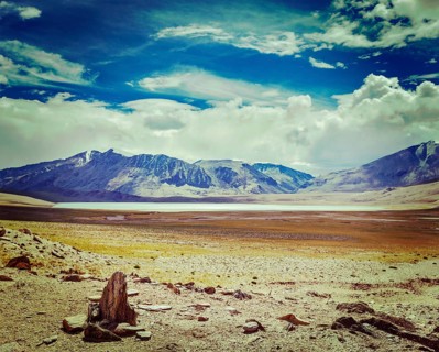 Vintage retro effect filtered hipster style travel image of Himalayan lake Kyagar Tso