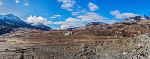 Panorama Himalayan landscape in Hiamalayas near Baralacha La pass. Himachal Pradesh