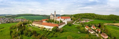 Abbey baroque church aerial panorama in Neresheim