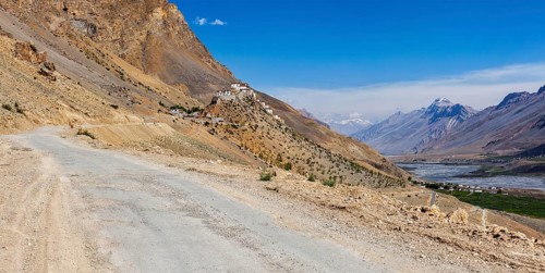 Panorama of road to Ki Monastery. Spiti Valley