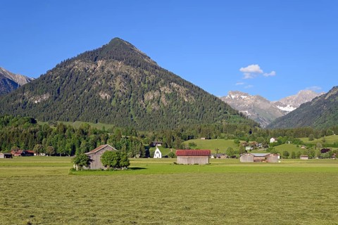 View from the Loretto meadows to the hay harvest and to the mountain Schattenberg 1721m