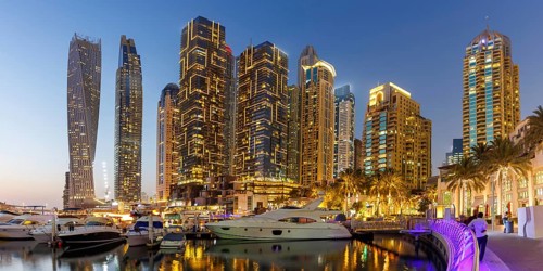 Dubai Marina Yacht Harbour Skyline Architecture Panorama Holiday by Night Panorama in Dubai